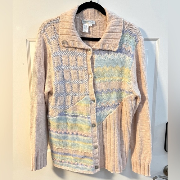 Vintage Pastel Grandma Hand Knit Geometric Striped Cardigan Button Up Sweater LG - Picture 1 of 16